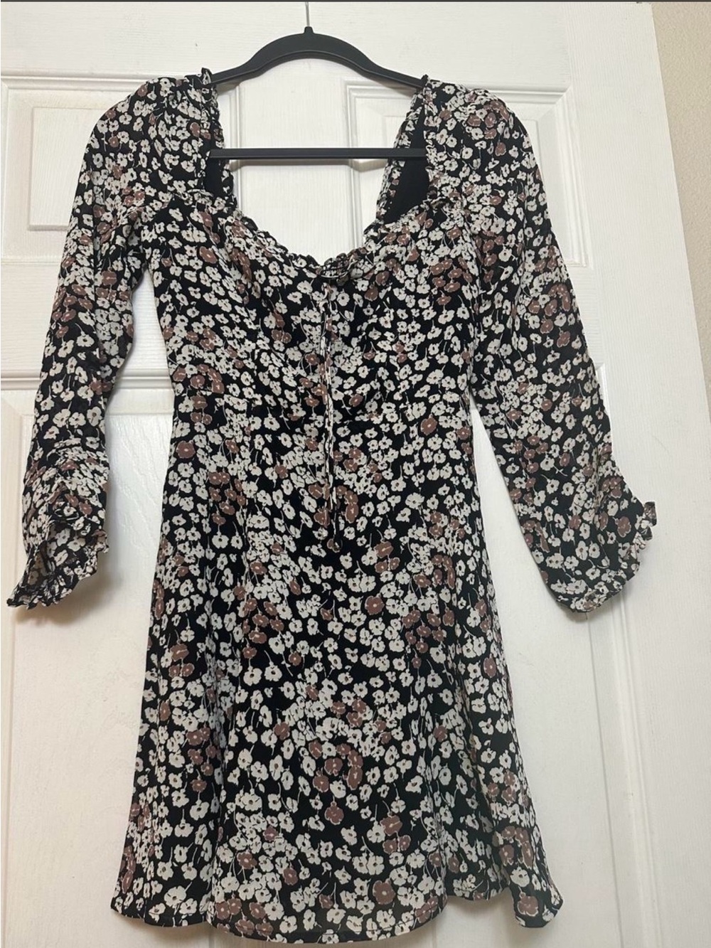 Reformation Black Floral Long Sleeve Tie-Front Dress